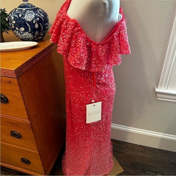 Mac Duggal Pink Sequined Drop Shoulder Trumpet Gown - Picture 10 of 11